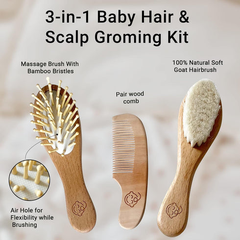 Set Infant Hair Brush and Comb for Newborns and Toddlers - Natural Wooden Hairbrush with Soft Goat Bristles for Cradle