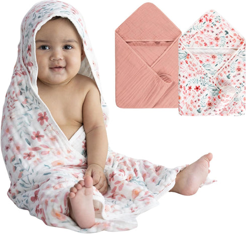 2 Pack Hooded Baby Towel Set Ultra Soft Absorbent Muslin Cotton Bath
