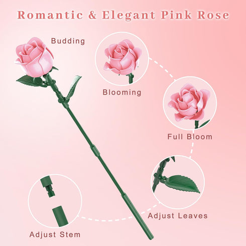 Set, Pink Roses Flower Bouquet Building Artificial Flowers Botanical Collection Compatible with Lego Flowers for Adults