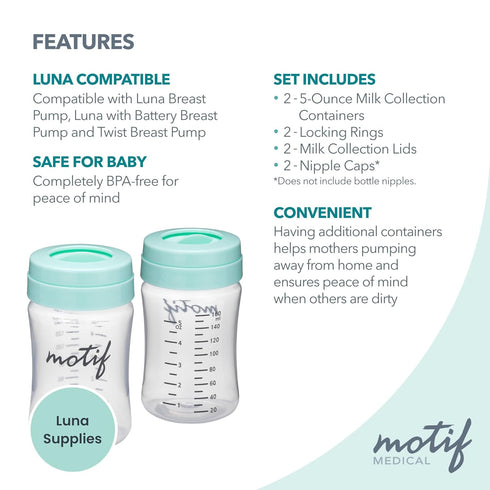 (Set 2, 160 ml) Motif Medical Breast Milk Storage Bottles for Luna Breast Pump - Durable Plastic Breastfeeding
