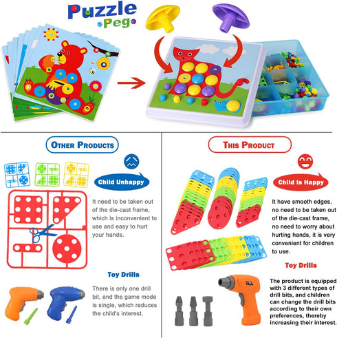 223 Pieces Creative Mosaic Drill Set for Kids - Toy Drill and Screwdriver Puzzle Kit for Ages 3-10