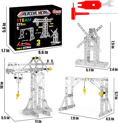 Building Toys Model Set, 3 in 1 Metal Model Kit - Tower Crane, Frame Crane & Windmill, DIY Building STEM Projects