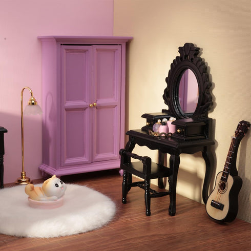 Minamzee 5Pcs 1:12 Set, Dollhouse Wardrobe Furniture Miniature Purple Openable Wardrobe, Dresser with Stool, Floor Lamp