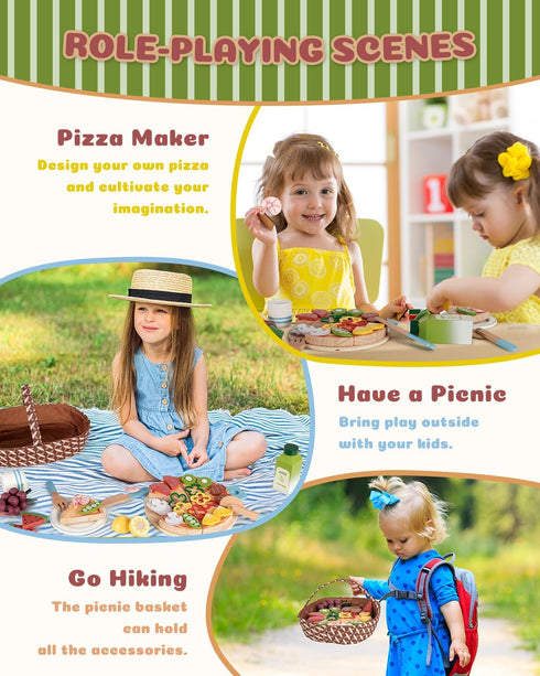 1-3, Playset 3-5, 3 4 5 6 Wooden Pizza Toy, Wooden Food Toys for Toddlers Wooden Play Food with Basket, Pretend Play