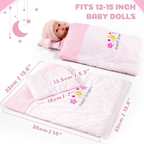 2 Set 12-15 Inch Set BABESIDE Pcs Baby Doll Bedding for Dolls, Pink Polka Dot Baby Doll Blanket and Pillow with Cute