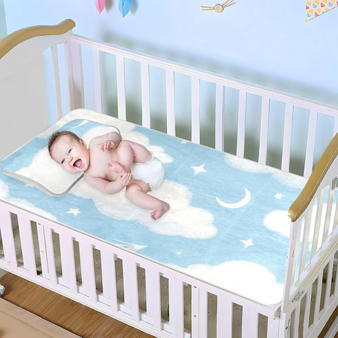 voucong 28" 52" Blue and White Moon Clouds Cooling Baby Mattress Cover x Washable Crib Padding for Sides
