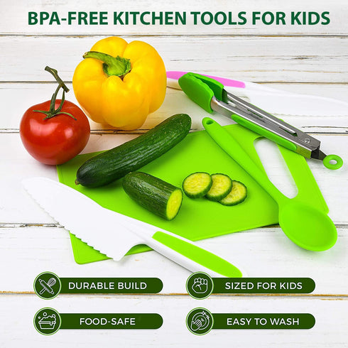 KEFF Kids Cooking and Baking Set, 30 Pcs Real Kitchen Utensils for Girls, Boys, Toddler - Green Kit with Apron & Chef