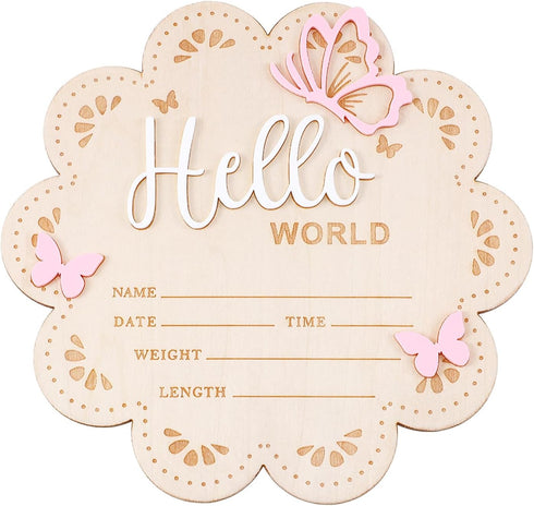 Nogeqi Hello World Newborn Sign, 6 Inch Pink Butterfly Baby Name Announcement Sign,