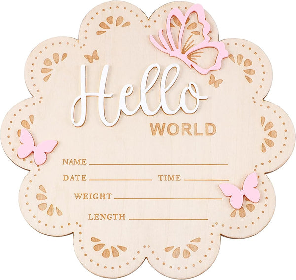 Nogeqi Hello World Newborn Sign, 6 Inch Pink Butterfly Baby Name Announcement Sign,