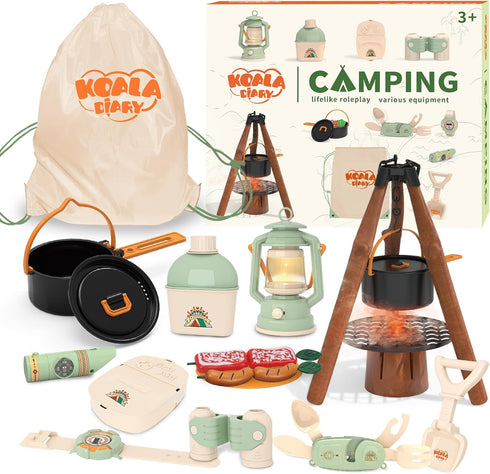 Kids Camping Toys Set, Pretend Play Camping Set with Food Toy, Lantern, Binoculars, Tableware, Gift for 3+