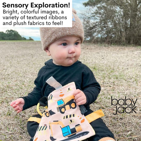The Learning Lovey 8x8 Baby Jack & Co Construction Lovey Tag Toy for Babies - Baby Crinkle Toy - Soft & Safe - Learn