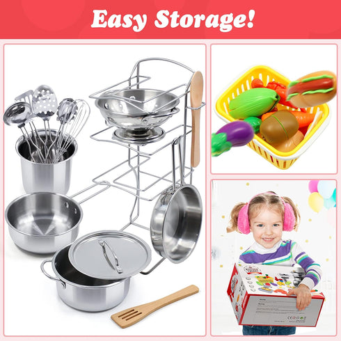 Kids Kitchen Pretend Play Accessories Set, 32 Items Stainless Steel Pots and Pans with Rack Organizer, Cooking Utensils