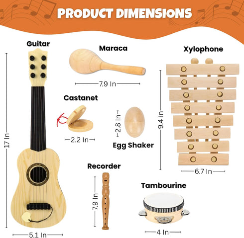 7-Piece Set 3+ Wooden Musical Instruments for Toddlers Kids Music with Xylophone, Guitar & Percussion | Natural Wood