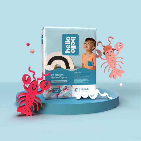 (32-40 lbs), 17 Count Pack Hello Bello Premium Swim Diapers - Size L Cute Extra-Bright Lobster Designs, Jumbo