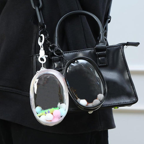 Clear Doll Display Case Keychain for Mystery Box Mini Figures, PVC Doll Bag Keychain Charms with Pompom Ball