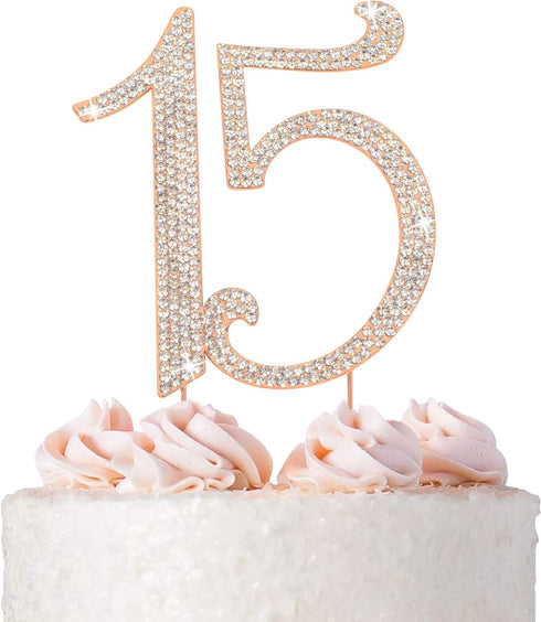 15 Cake Topper - Premium Rose Gold Metal, 15th Birthday or Anniversary Party, Sparkly Rhinestone Decoration, Protected