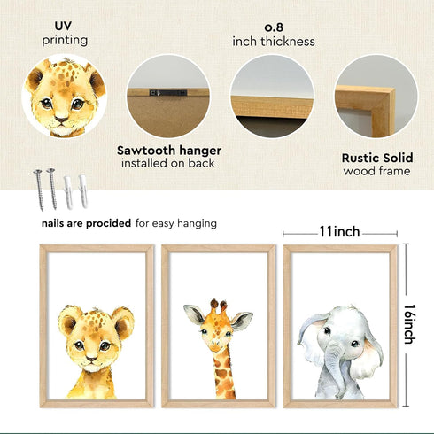YWJKWLGS Set 3, 11x16 Inch Safari Nursery Wall Art of Natural Wood Framed Watercolor Animal Print, Giraffe Lion