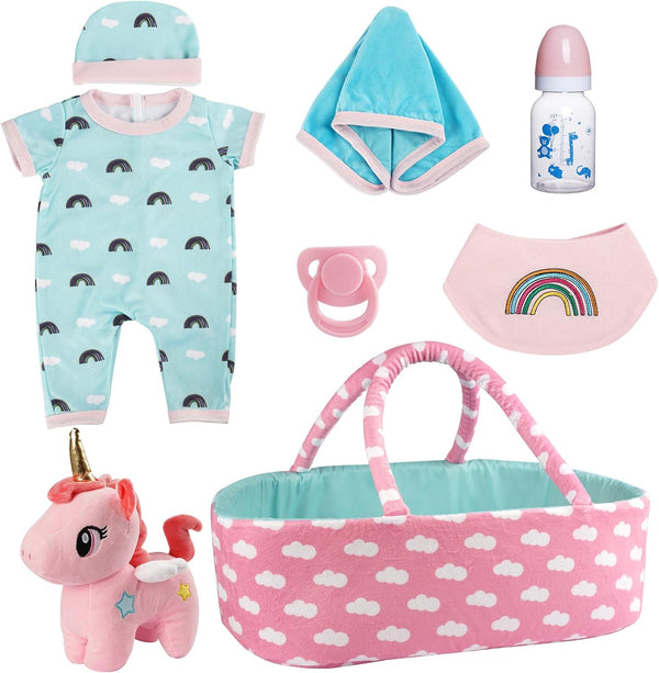 BABESIDE 8 Pcs Reborn Baby Doll Clothes - Includes Bassinet for 17-22 Inch Dolls, Baby Doll Accessories Set