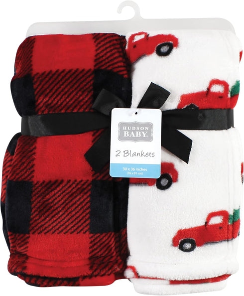 30x36 inches Hudson Baby Unisex Baby Silky Plush and Coral Fleece Blanket, Christmas Tree Truck