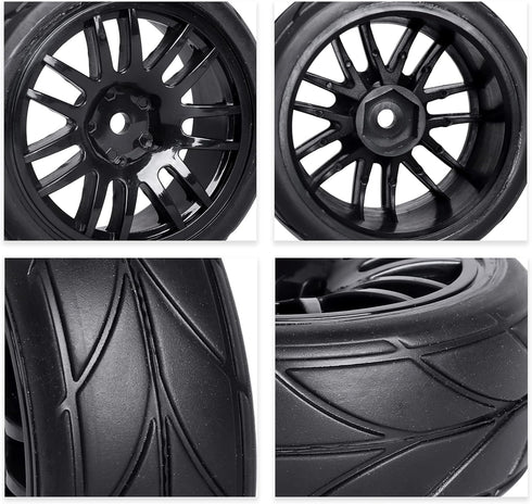 4-Pack 1:10 Scale RC On-Road Racing Tires and Wheels with Foam Inserts, 12mm Hex Hub Fits Traxxas Redcat Tamiya TT-02