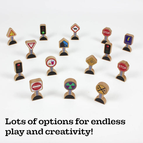 15 Pieces Wooden Traffic Signs for Kids, Zany Street Signs for Play Mats and Toy Trains, Educational Accessories