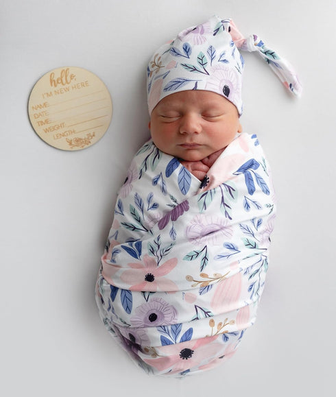 Newborn Baby Girl Receiving Blanket Swaddle Blanket Stretchy Knit Swaddle Set with Matching Headband Beanie with a Name Card (Pink and Purple Floral) by Vollmic