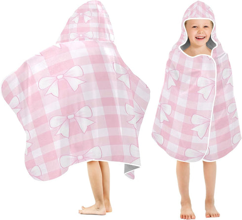 Takiito Bows on Pink Gingham Hooded Baby Towel for Newborn Infant, Soft & Absorbent Bath Towel Essentials, Machine