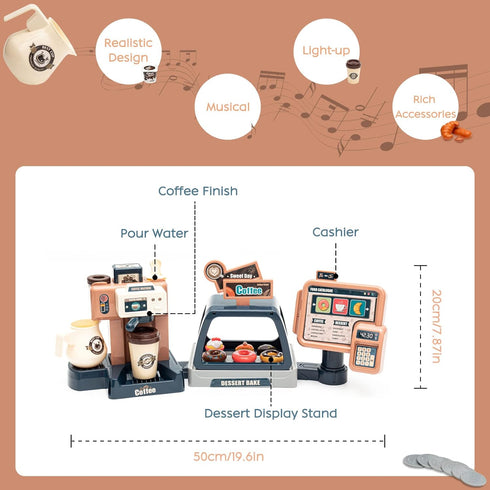 Jomifin Playset 41 Pretend Play Coffee Shop PCS with Coffee Maker Machine, Sound Cash Register and Dessert Bakery