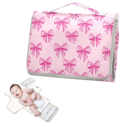 Msyxl Portable Changing Pad for Baby - Pink Bows Waterproof Diaper Changing Mat Travel Changing Pad with Built