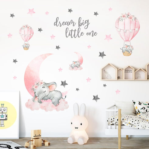 Yovkky Girls Sleeping Elephant Dream Big Nursery Wall Decals, Watercolor Pink Moon Hot Air Balloon Grey Star Decor
