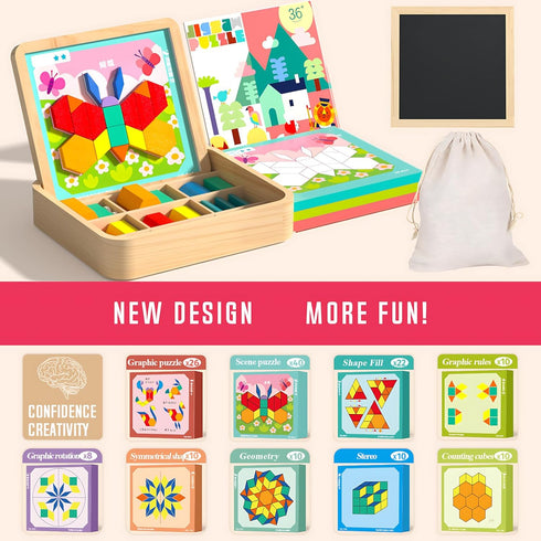 248 Set 4 5 6 7 8, Pcs Wooden Magnetic Pattern Block with Cards, Pen & Storage Bag, Montessori STEM Tangram Puzzle Toys