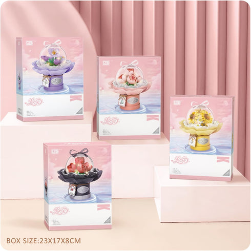 Flower Building Blocks Set with Dust-Proof Dome, Simulation Bouquet for Valentine's Day Home Decor