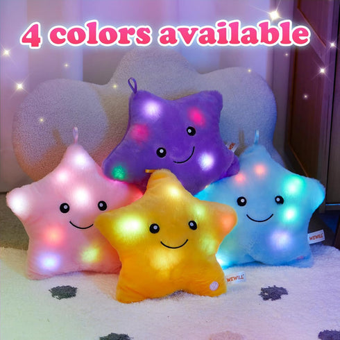 WEWILL 9'' LED Twinkle Star Soft Plush Pillow - Glowing Stuffed Star Light up Pillow with Colorful Night Lights (Pink)