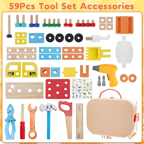 59Pcs Set 2 3 4 5 6 Kids Tool Toy for Boys - Montessori STEM Wooden Play Tool Box Kit with Electric Drill with Types