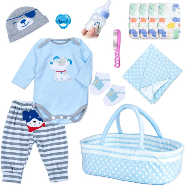 PEDOLLTREE Reborn Baby Dolls Clothes Boy Blue Dog Outfit Accessories 13 Pcs
