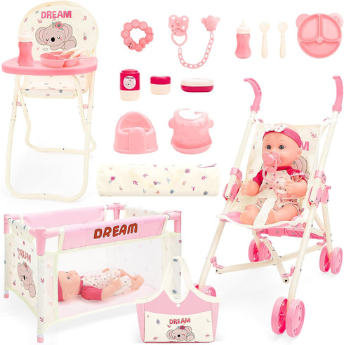 deAO Baby Doll Stroller Toys with 12" Baby Doll Accessories Crib Bed