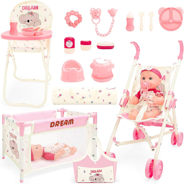deAO Baby Doll Stroller Toys with 12" Baby Doll Accessories Crib Bed