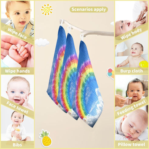 STAYTOP Pack 3 Rainbow Muslin Baby Washcloths of - Soft Face Cloths for Newborn, Absorbent Baby Bath and Face