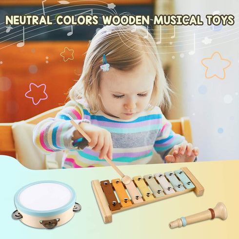 LOOIKOOS Musical Instruments for Toddlers 1-3, Neutral Color Kids Montessori Wooden Percussion Instruments Set