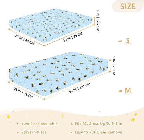 miaozhen 1 Pack 52x28 Cotton Crib Sheets for Baby Boys Girls Soft Breathable Naughty Animal Bees Blue Toddler Bedding