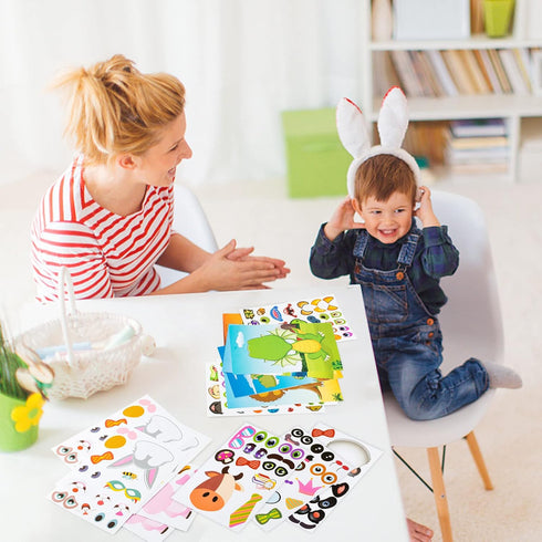 Make a Face Sticker Set for Kids, 42 Sheets with 12 Animals and 6 Dinosaur Stickers, Party Favor Supplies