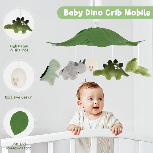 3-Mode Dinosaur Crib Mobile Grey and Green Dino Baby Crib Mobile with Music Box, Jurassic Dreams Baby Mobile for Boys