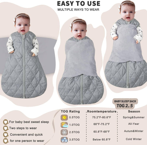 Swaddle,3-Way 2.5 0-3 BSTOPPT Newborn Sleep Sack Baby Adjustable Wearable Blanket,Swaddling Sleeping Bag,TOG (Gray