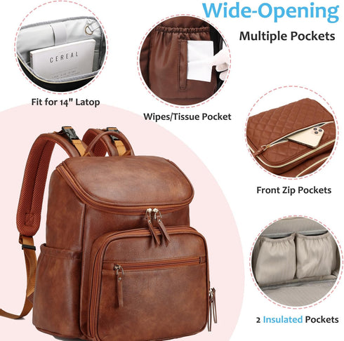 Backpack LORADI Lightweight Diaper Bag with Stroller Clips, Insulated Pockets, Baby Shower Essentials (Classic, Brown)