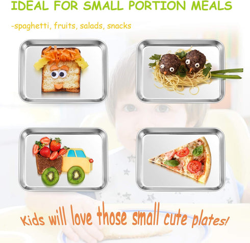 E-far Stainless Steel Kids Plates: 4 Pieces Mini Metal Dinner Dish Set, Non-Toxic & Dishwasher Safe