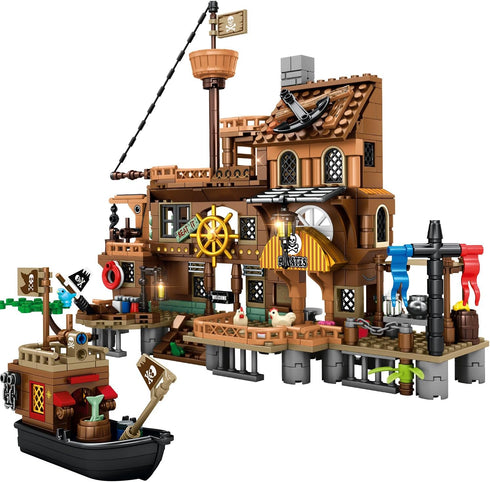 RiceBlock Sets 8-12, 573 Pirate Ship Building Toys, Pirate Wharf Themed City Store Building Bricks for Boys Age Pieces