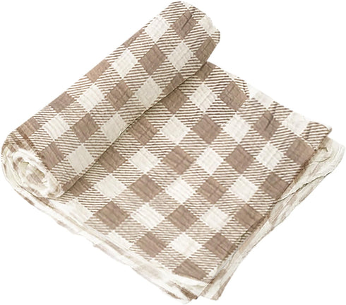 Set 47" Tummy 6" MON AMI Gingham Bear-Swaddles & Rattle Gift Soft Cotton Muslin Blanket for Newborns, Time, Sunshield