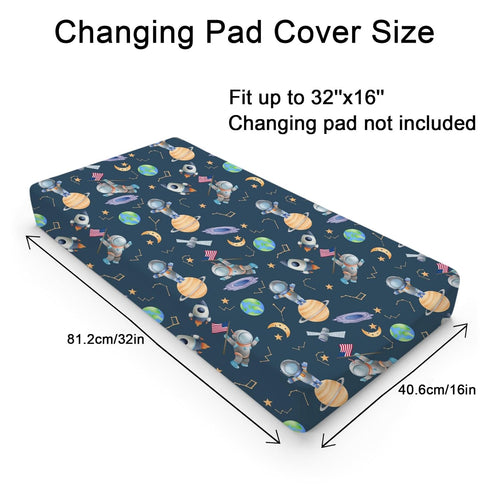 Cartoon Outer Space Galaxy Ship Astronaut Changing Pad Cover Cute Spaceman Moon Stars Changing Table Sheets for Baby Boy Girl Soft Breathable Stretchy Diaper Changing Pad Mats Cover 32''x16''