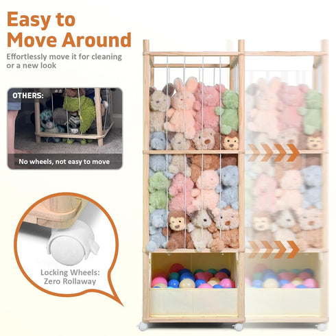 BENCHRY Stuffed Animal Storage with Tiny Toys Tray, Wood Stuffed Animal Zoo Storage with Brake Wheels, Space-Saving