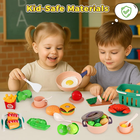 59PCS Set LovesTown Play Kitchen Accessories with Basket, Pink Pretend Play Food for Kids with Pots Pans Tableware